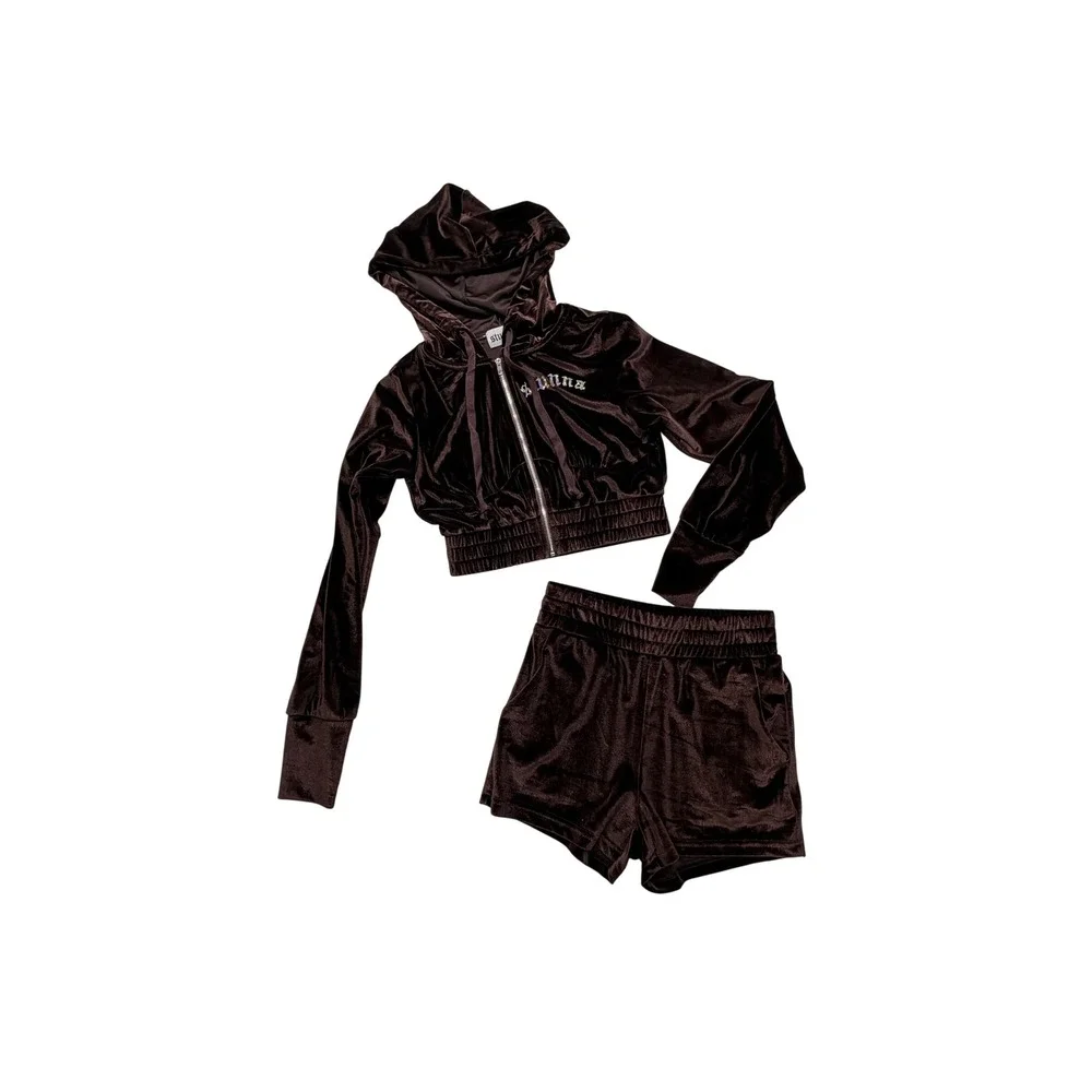Stunna Set Brown Velvet Velour Rhinestone Cropped Hoodie Shorts S New